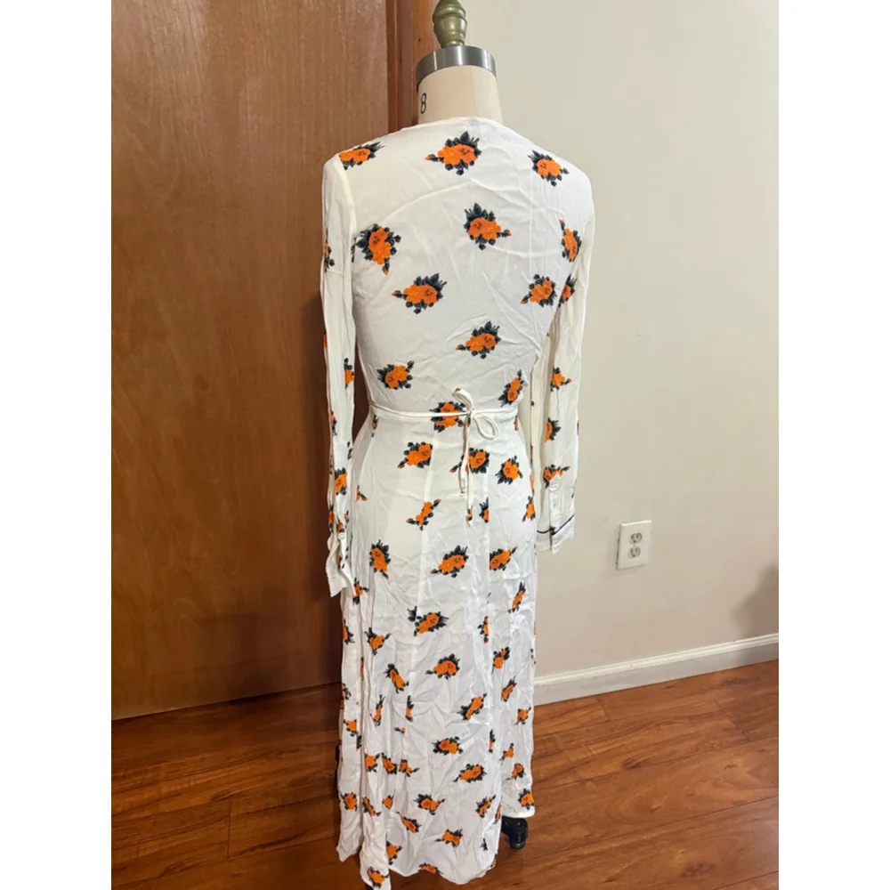 Women's GANNI Long Sleeve Wrap Dress in White with Orange Floral, Size 4